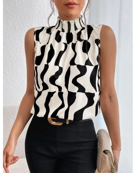 Kadın Kolsuz Balıkçı Yaka Desenli Süprem Bluz