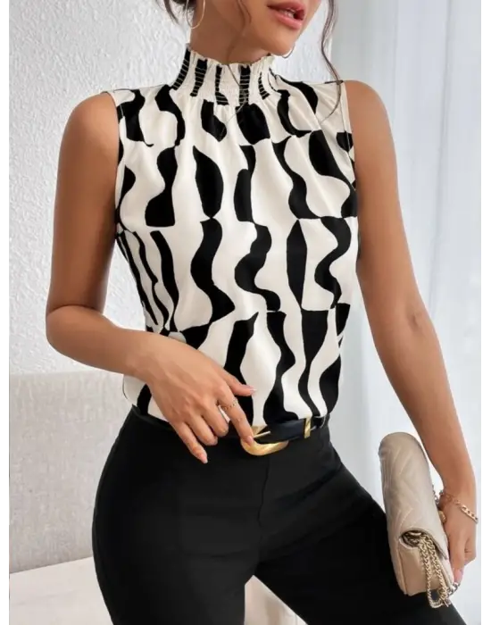 Kadın Kolsuz Balıkçı Yaka Desenli Süprem Bluz