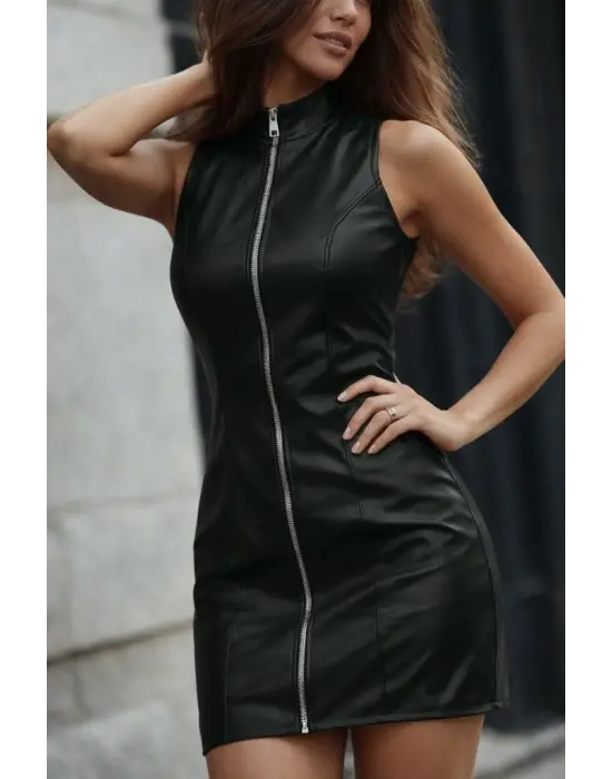 Kadın Kolsuz Balıkçı Yaka önden Fermuarlı Kısa Deri Elbise