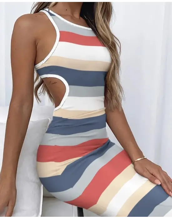 Kadın Kolsuz Bel Dekolte Detay şerit Desenli Pegasus Kumaş Elbise