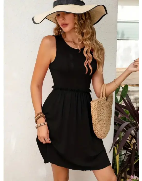 Omarı Kolsuz Bel Lastikli Mini Elbise