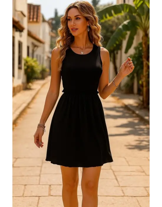 Omarı Kolsuz Bel Lastikli Mini Elbise