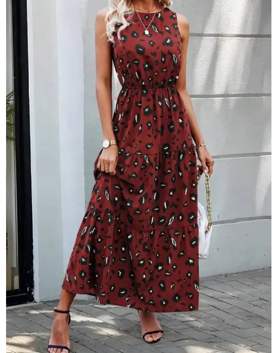 Kadın Kolsuz Bisiklet Yaka Beli Lastikli Desenli Süprem Elbise