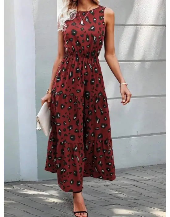 Kadın Kolsuz Bisiklet Yaka Beli Lastikli Desenli Süprem Elbise