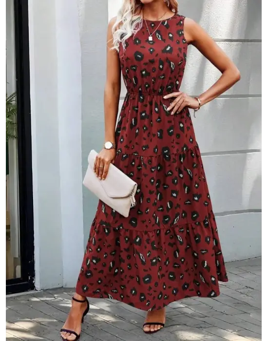 Kadın Kolsuz Bisiklet Yaka Beli Lastikli Desenli Süprem Elbise