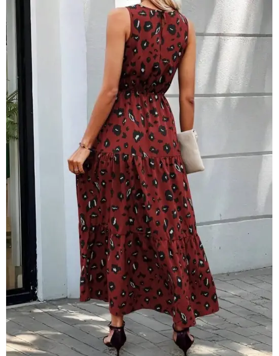 Kadın Kolsuz Bisiklet Yaka Beli Lastikli Desenli Süprem Elbise