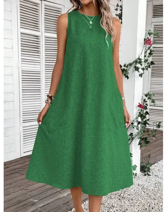 Kadın Kolsuz Bisiklet Yaka Cepli Midi Keten Elbise