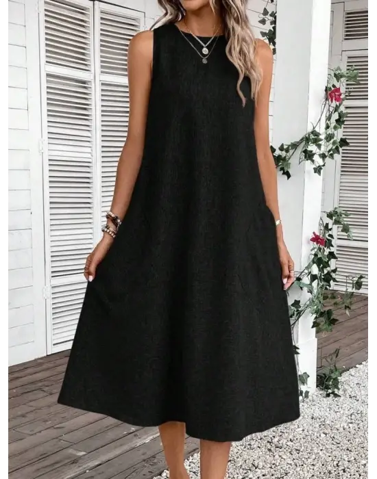 Kadın Kolsuz Bisiklet Yaka Cepli Midi Keten Elbise