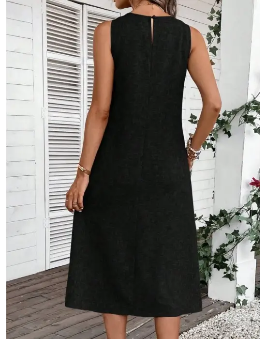 Kadın Kolsuz Bisiklet Yaka Cepli Midi Keten Elbise