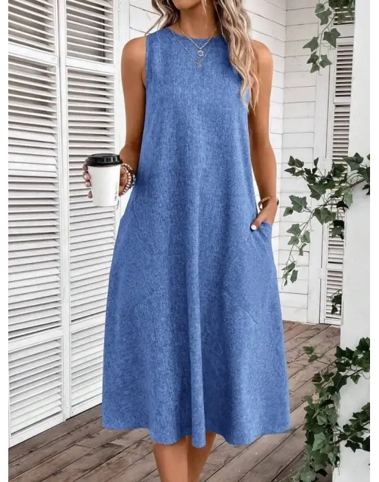 Kadın Kolsuz Bisiklet Yaka Cepli Midi Keten Elbise