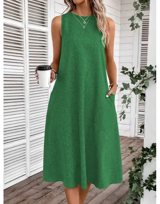 Omarı Feminen Midi Keten Elbise