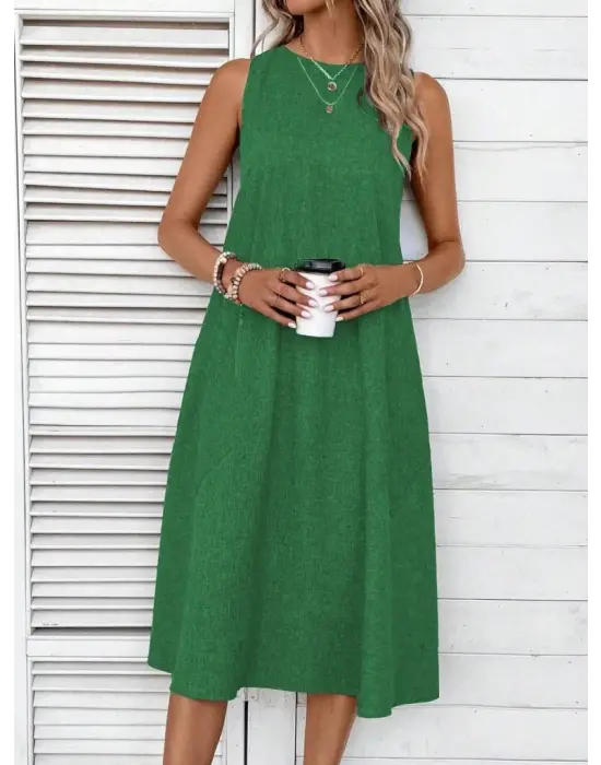 Kadın Kolsuz Bisiklet Yaka Cepli Midi Keten Elbise