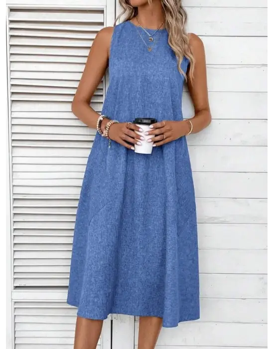 Kadın Kolsuz Bisiklet Yaka Cepli Midi Keten Elbise