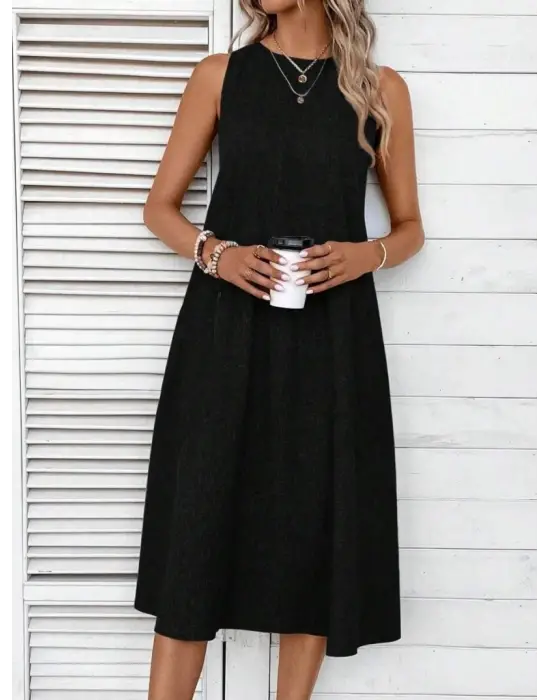 Kadın Kolsuz Bisiklet Yaka Cepli Midi Keten Elbise