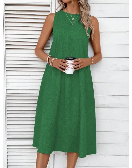 Omarı Feminen Midi Keten Elbise