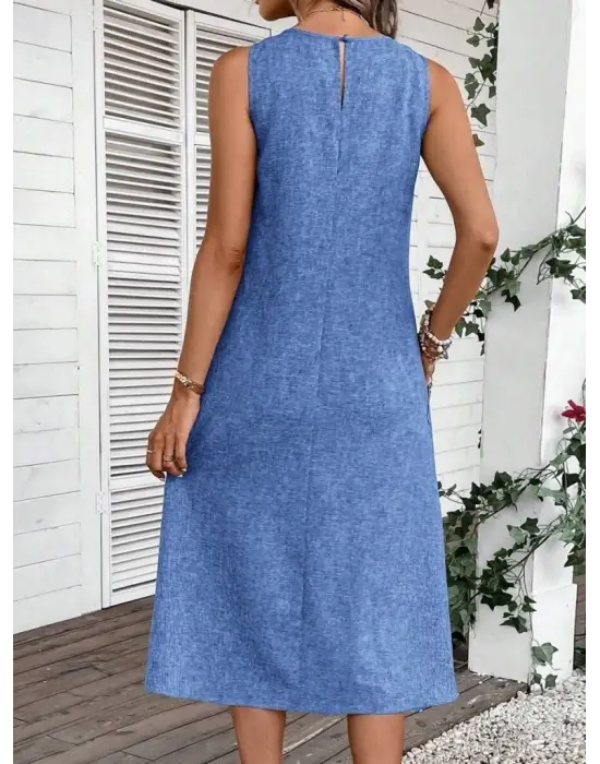 Kadın Kolsuz Bisiklet Yaka Cepli Midi Keten Elbise