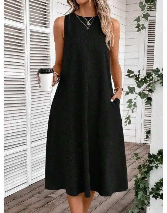 Kadın Kolsuz Bisiklet Yaka Cepli Midi Keten Elbise