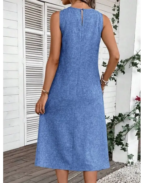 Kadın Kolsuz Bisiklet Yaka Cepli Midi Keten Elbise