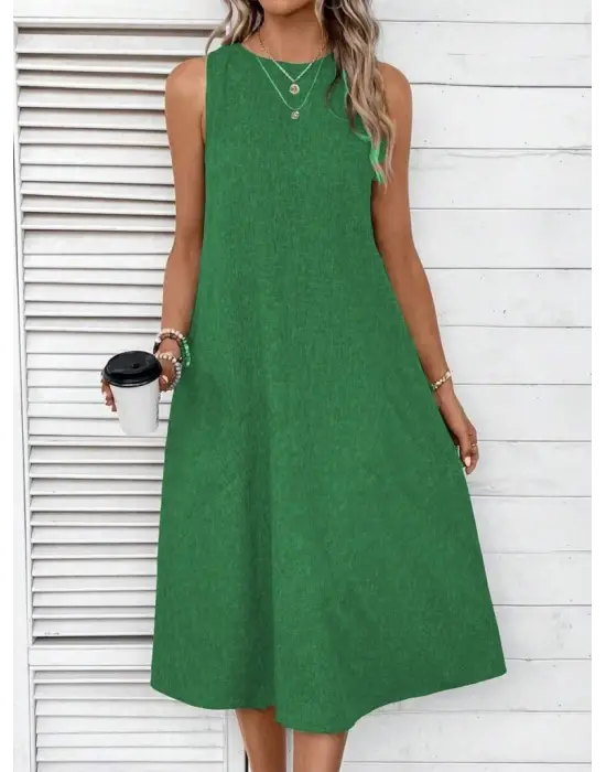 Kadın Kolsuz Bisiklet Yaka Cepli Midi Keten Elbise