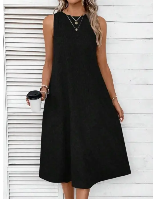 Kadın Kolsuz Bisiklet Yaka Cepli Midi Keten Elbise