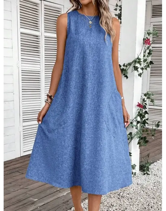 Kadın Kolsuz Bisiklet Yaka Cepli Midi Keten Elbise