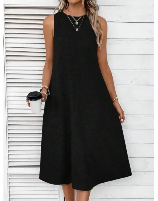 Kadın Kolsuz Bisiklet Yaka Cepli Midi Keten Elbise