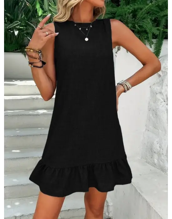 Kadın Kolsuz Bisiklet Yaka Fırfırlı Sofya Elbise