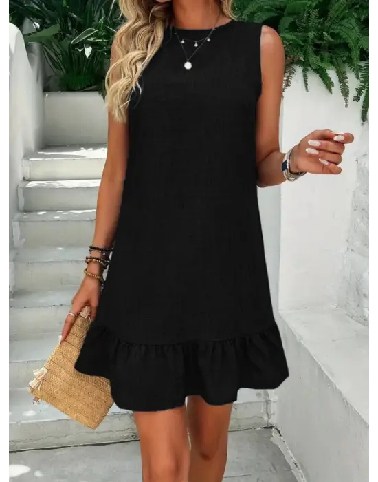 Kadın Kolsuz Bisiklet Yaka Fırfırlı Sofya Elbise