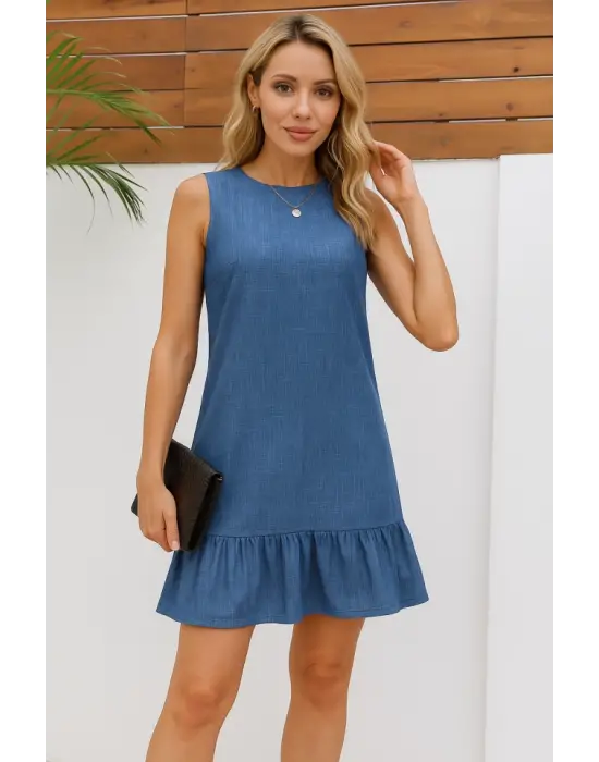 Kadın Kolsuz Bisiklet Yaka Fırfırlı Sofya Elbise