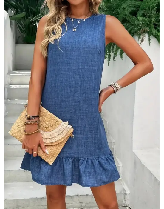 Omarı Fırfırlı Kadın Kolsuz Yaka Elbise