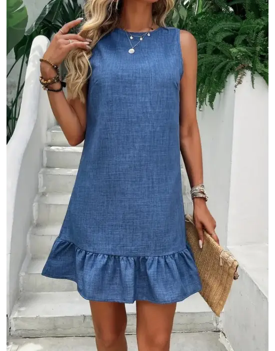 Omarı Fırfırlı Kadın Kolsuz Yaka Elbise