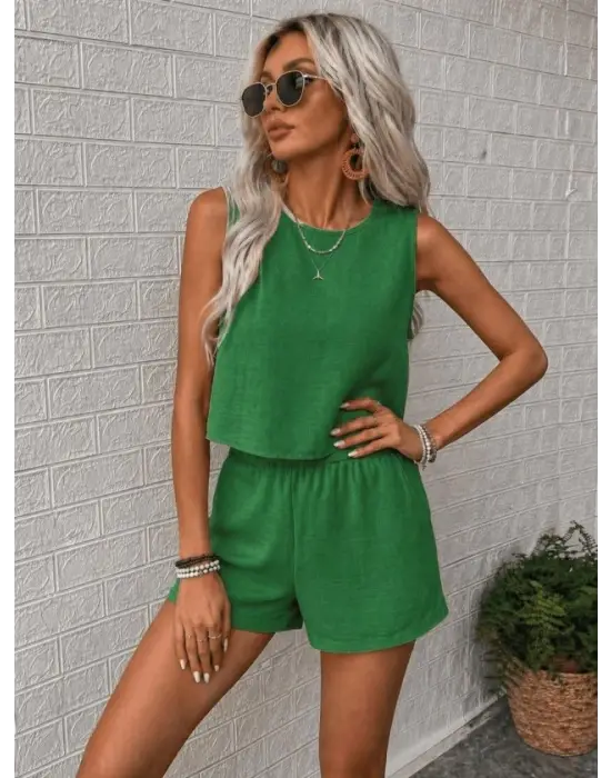 Kadın Kolsuz Bisiklet Yakalı Kısa Bluz Ve Short Ikili Takım