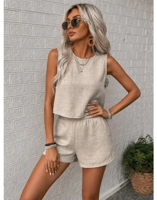 Kadın Kolsuz Bisiklet Yakalı Kısa Bluz Ve Short Ikili Takım