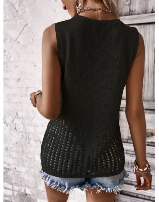 Kadın Kolsuz Bisiklet Yakayanları Ajur Detay Triko Bluz