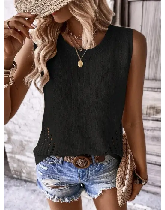 Kadın Kolsuz Bisiklet Yakayanları Ajur Detay Triko Bluz