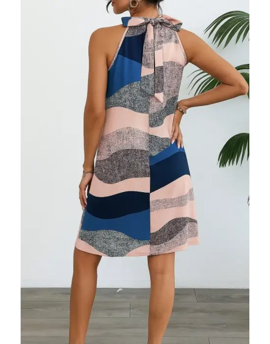 Kadın Kolsuz Boyundan Askılı Desenli Midi Süprem Elbise