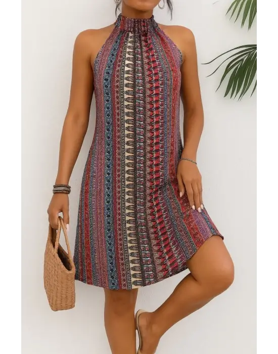 Omarı Desenli Midi Süprem Elbise