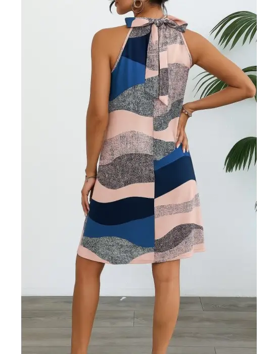 Omarı Desenli Kadın Kolsuz Midi Elbise