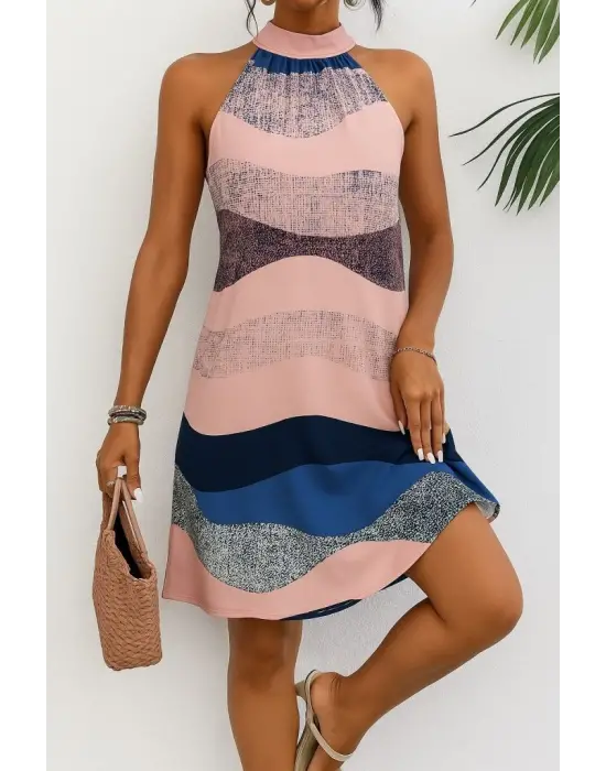 Kadın Kolsuz Boyundan Askılı Desenli Midi Süprem Elbise