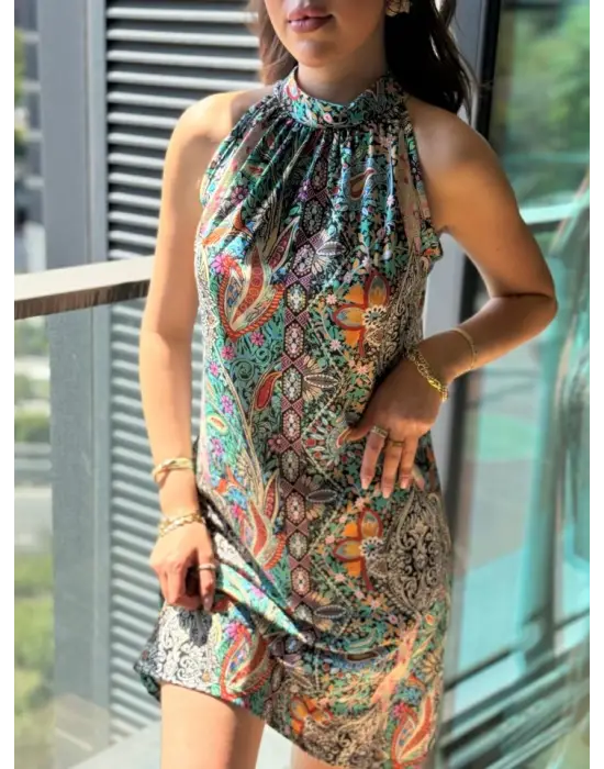 Kadın Kolsuz Boyundan Askılı Desenli Midi Süprem Elbise