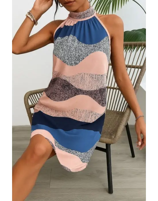 Kadın Kolsuz Boyundan Askılı Desenli Midi Süprem Elbise