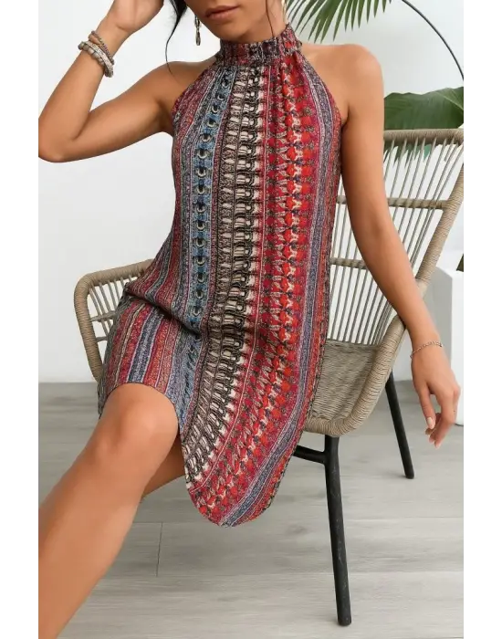 Omarı Desenli Midi Süprem Elbise