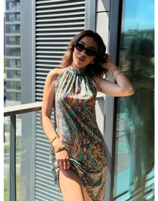 Kadın Kolsuz Boyundan Askılı Desenli Midi Süprem Elbise