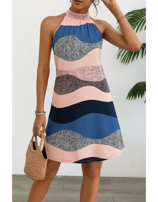 Omarı Desenli Kadın Kolsuz Midi Elbise