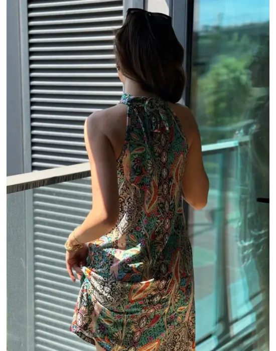 Kadın Kolsuz Boyundan Askılı Desenli Midi Süprem Elbise