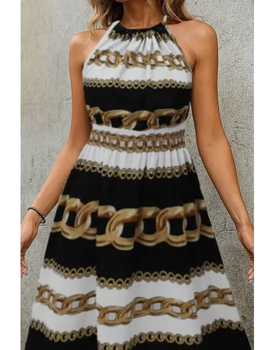 Kadın Kolsuz Boyundan Bağlamalı Beli Lastikli Dijital Baskı Süprem Uzun Elbise