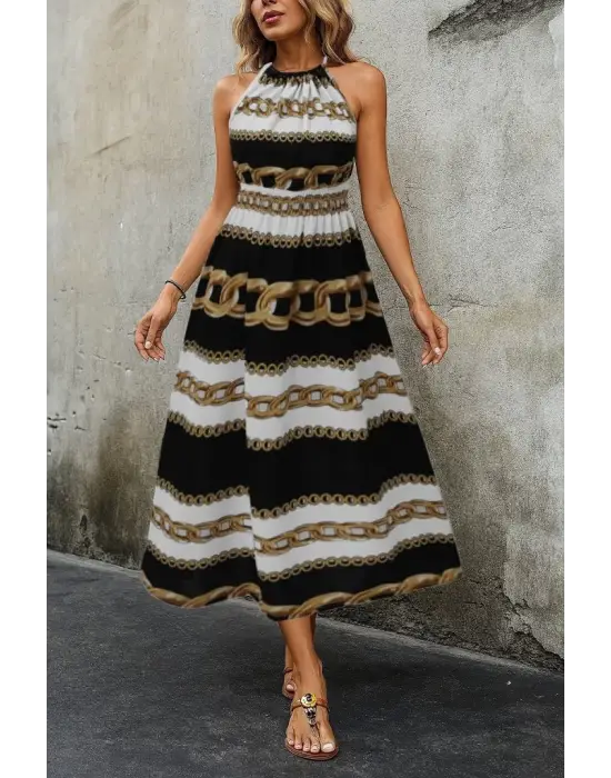 Omarı Dijital Baskılı Uzun Elbise