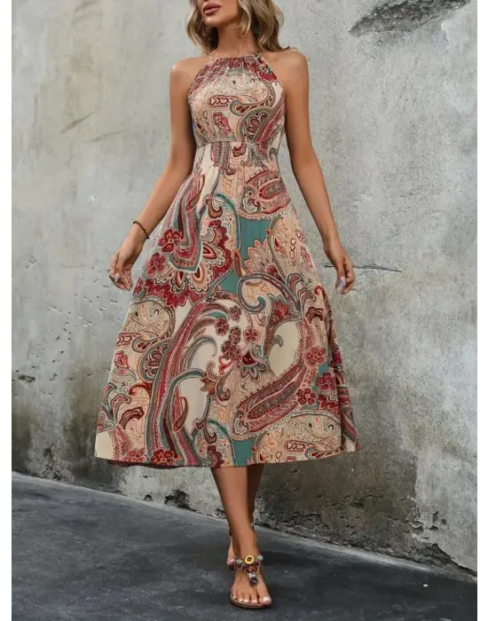 Kadın Kolsuz Boyundan Bağlamalı Beli Lastikli Etnik Desen Baskı Süprem Uzun Elbise