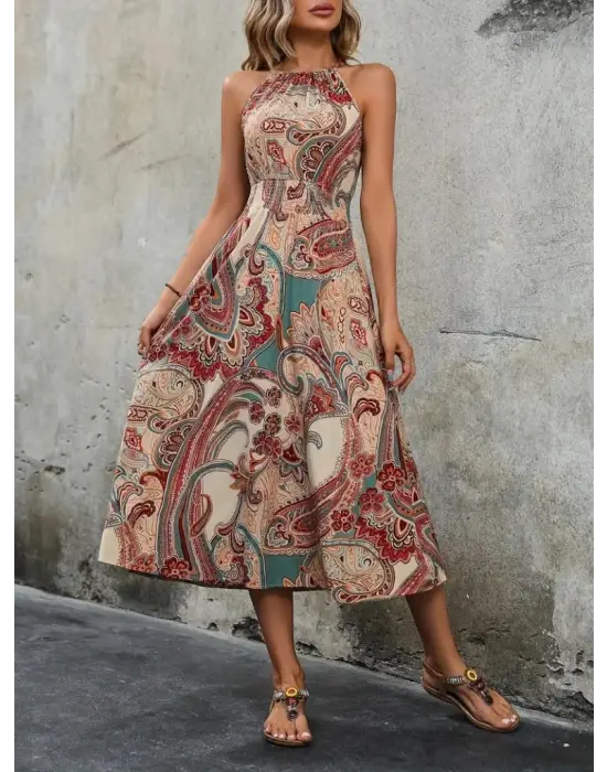 Kadın Kolsuz Boyundan Bağlamalı Beli Lastikli Etnik Desen Baskı Süprem Uzun Elbise