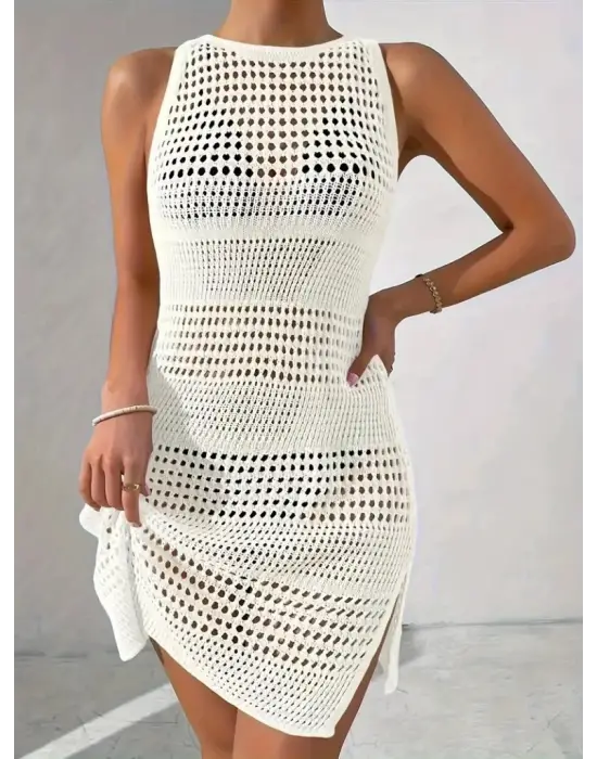 Kadın Kolsuz Derin Sırt Dekolteli Ajurlu Triko Pareo